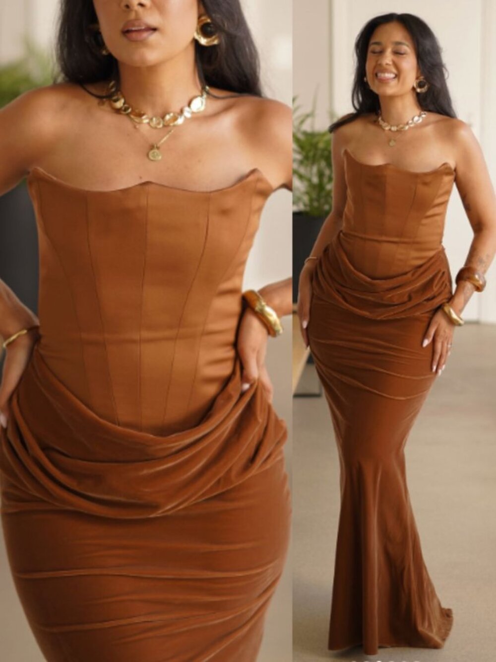 House of CB Persephone Maxi Dress Coffee Velvet Strapless Corset Size XS